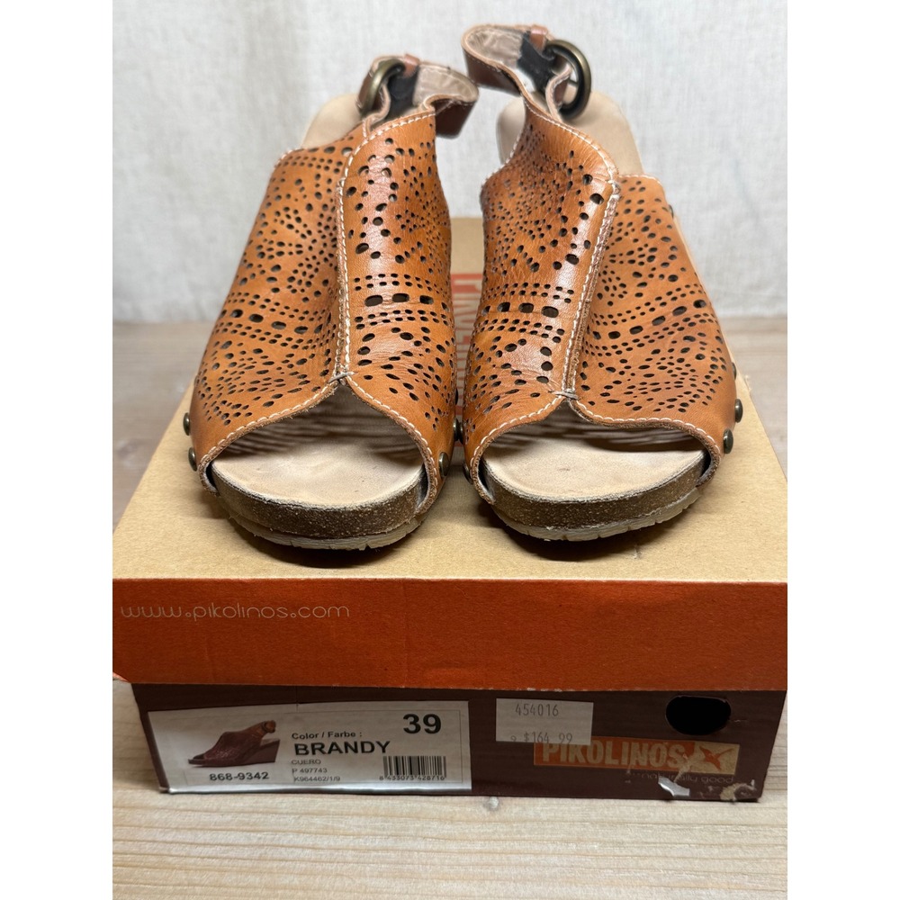 Pikolinos Brandy Leather Perforated Wedge Sandals Brown 39 868-9342 Spain